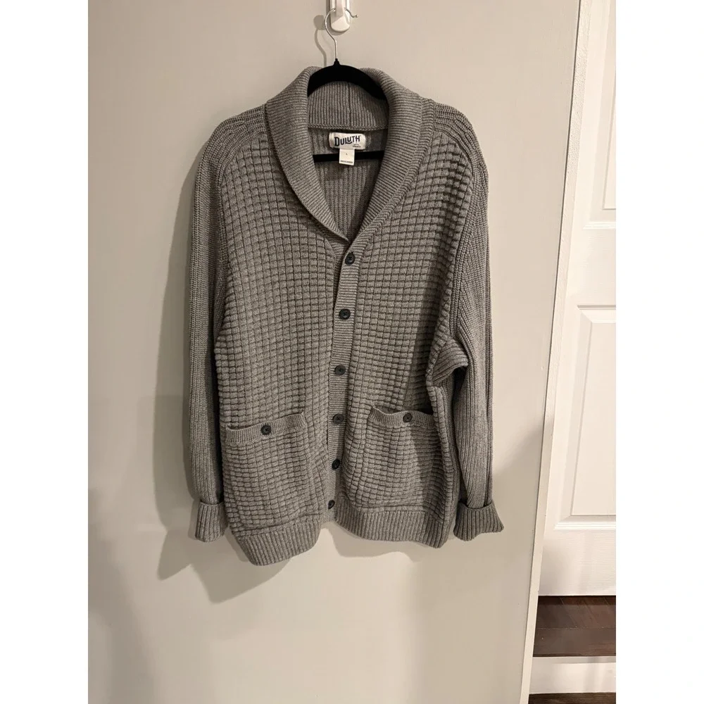 Duluth Trading Co Mens Gray Cotton Waffle Knit Shawl Collar Cardigan Sweater L